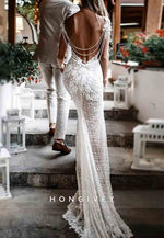 Long Sleeves V-Neck Mermaid Sweep Train Backless Lace Wedding Dresses