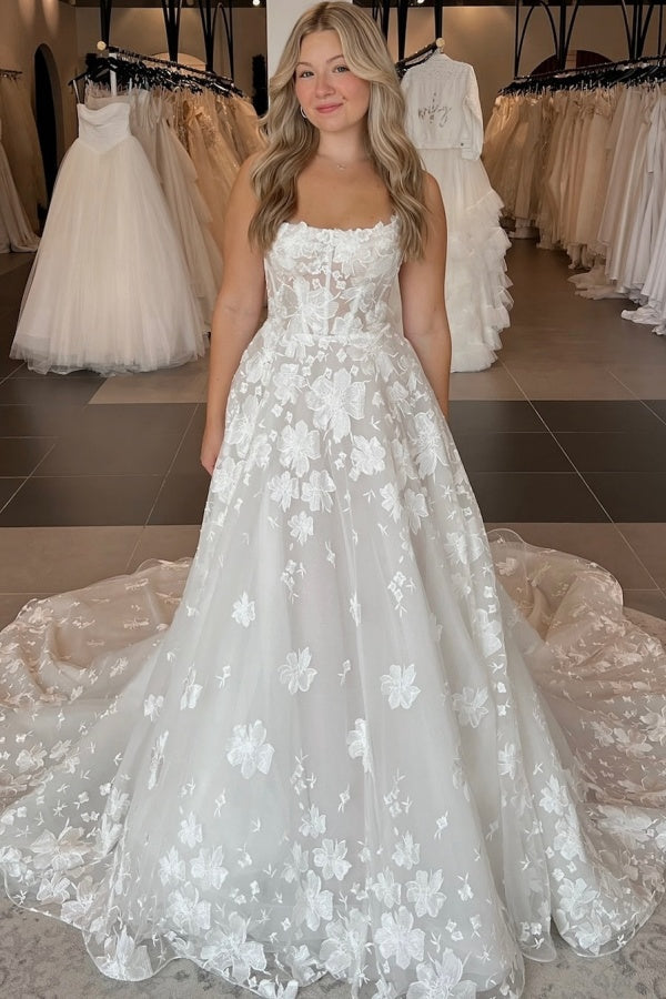 A-Line Boat Neck Straps Fully Flower Lace Appliques Buttons Wedding Dress