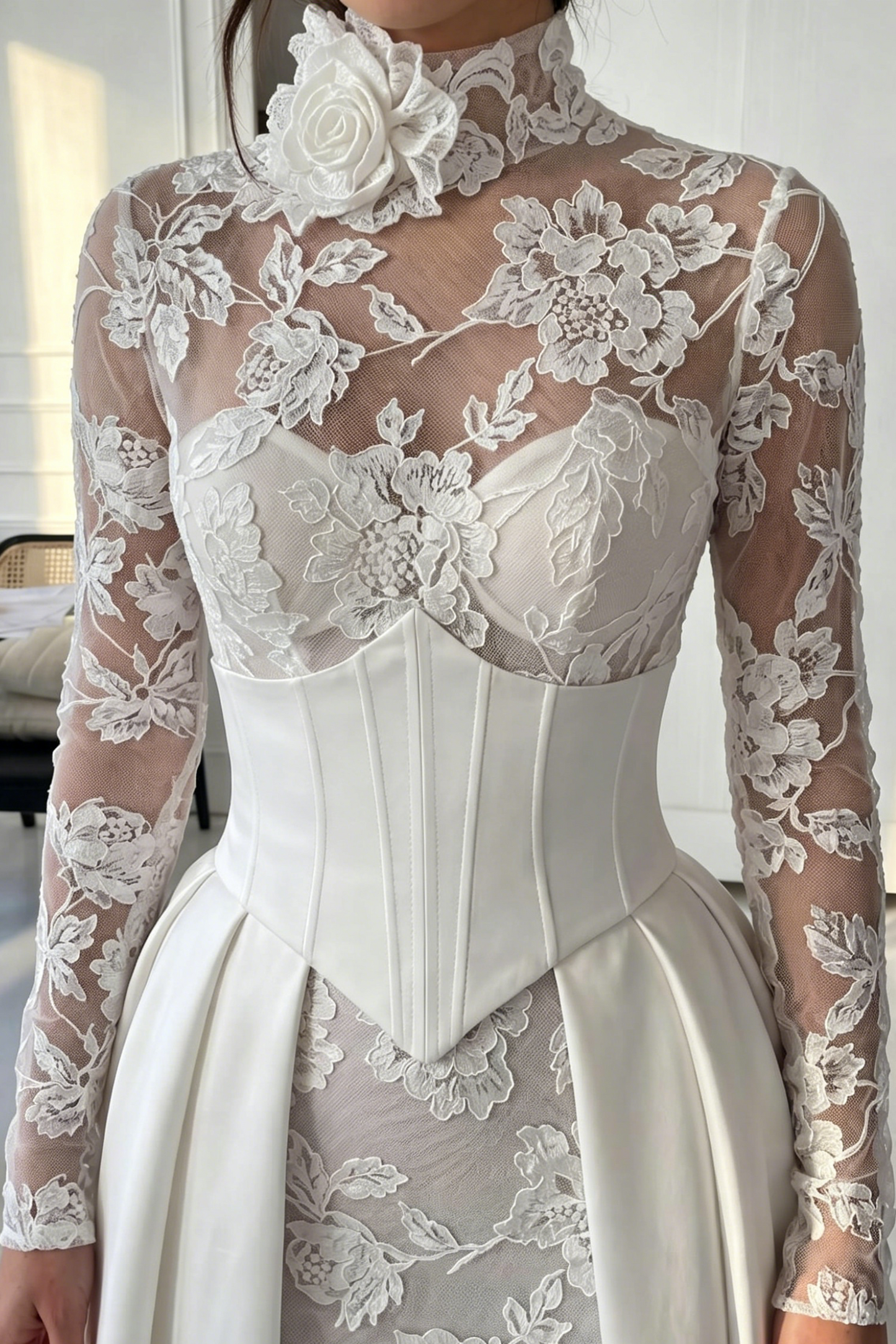 Long Sleeve Lace Bridal Gown with Corset Overskirt