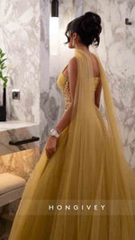 Spaghetti Straps Tulle A-Line Beaded Floor-Lenght Prom Dress