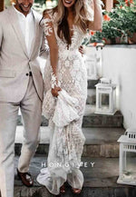 Long Sleeves V-Neck Mermaid Sweep Train Backless Lace Wedding Dresses