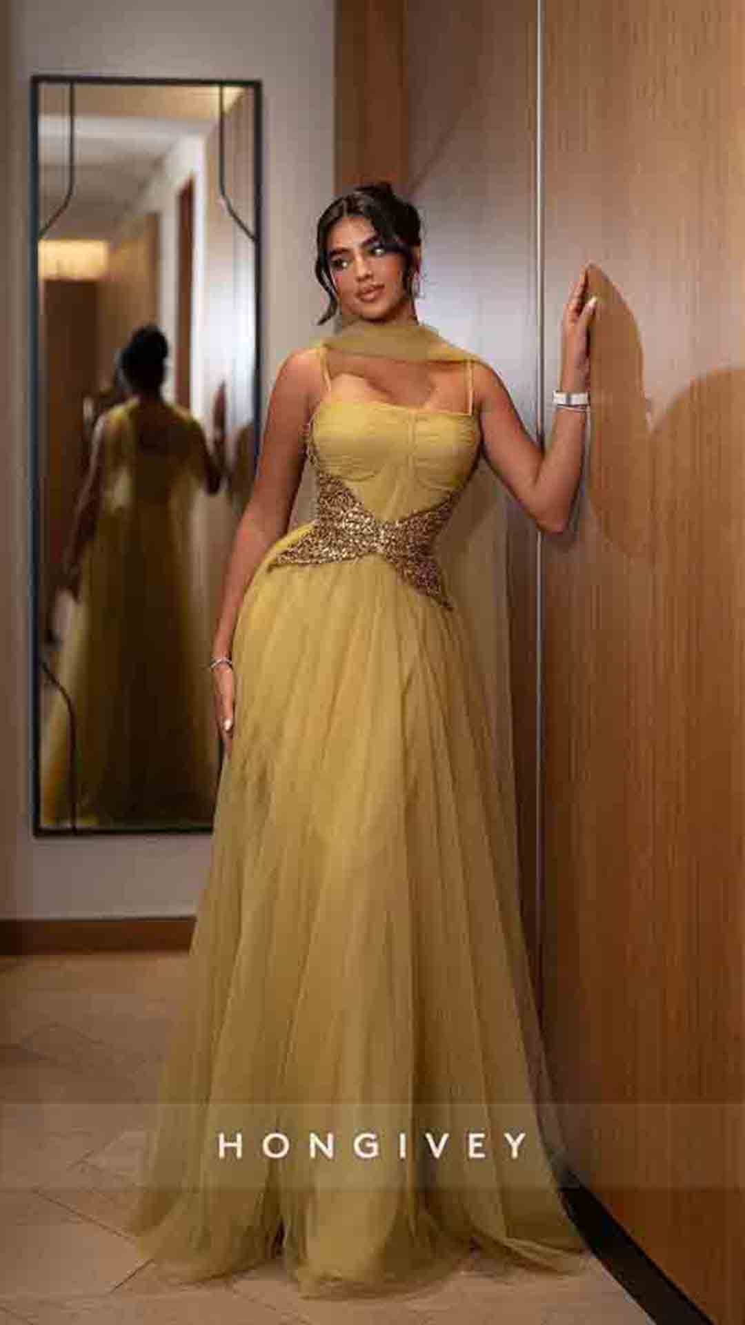 Spaghetti Straps Tulle A-Line Beaded Floor-Lenght Prom Dress