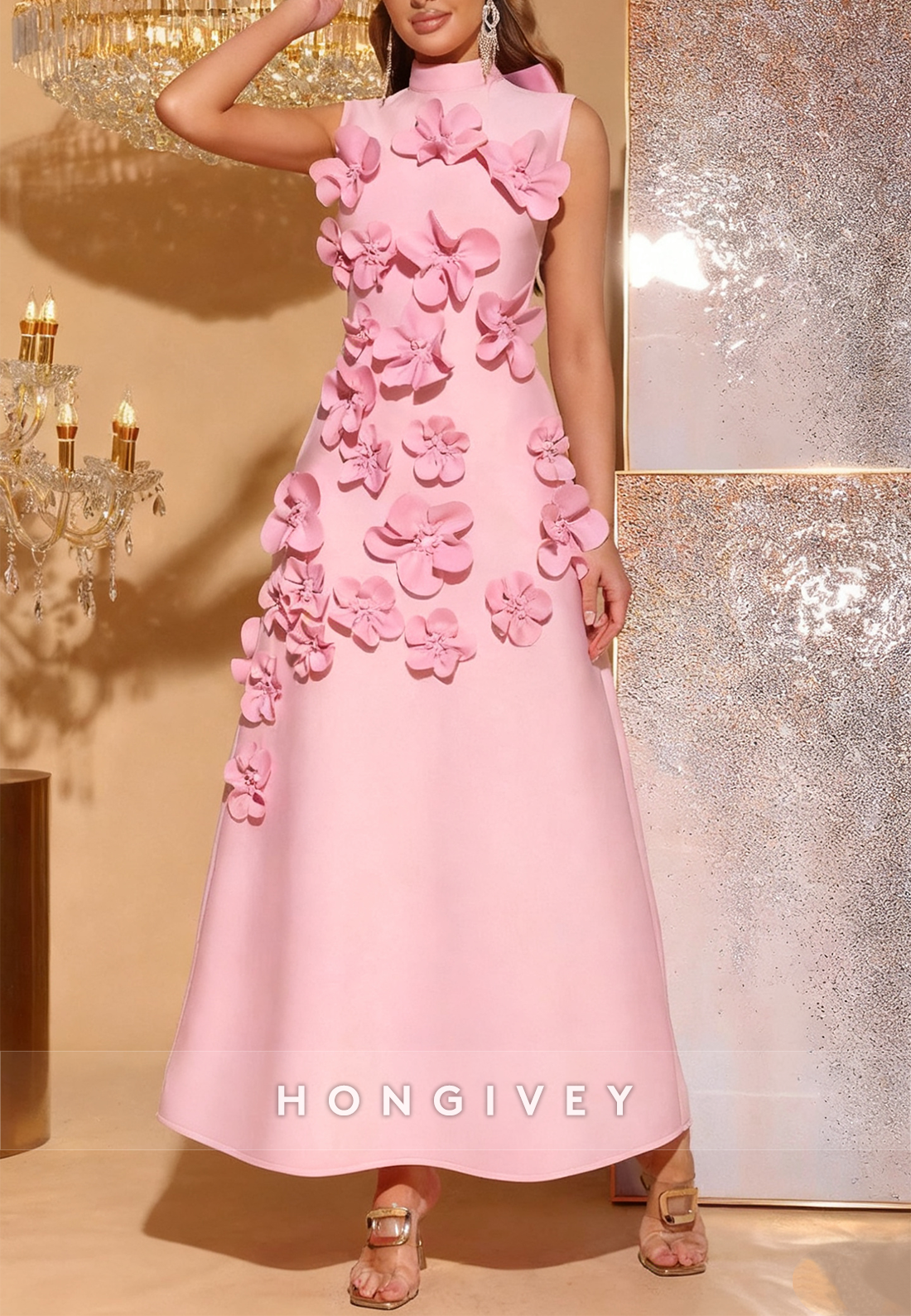 3D Floral Pink A-Line High Neck Wedding Guest Bowknot Sleeveless Mother of the Bride Dress