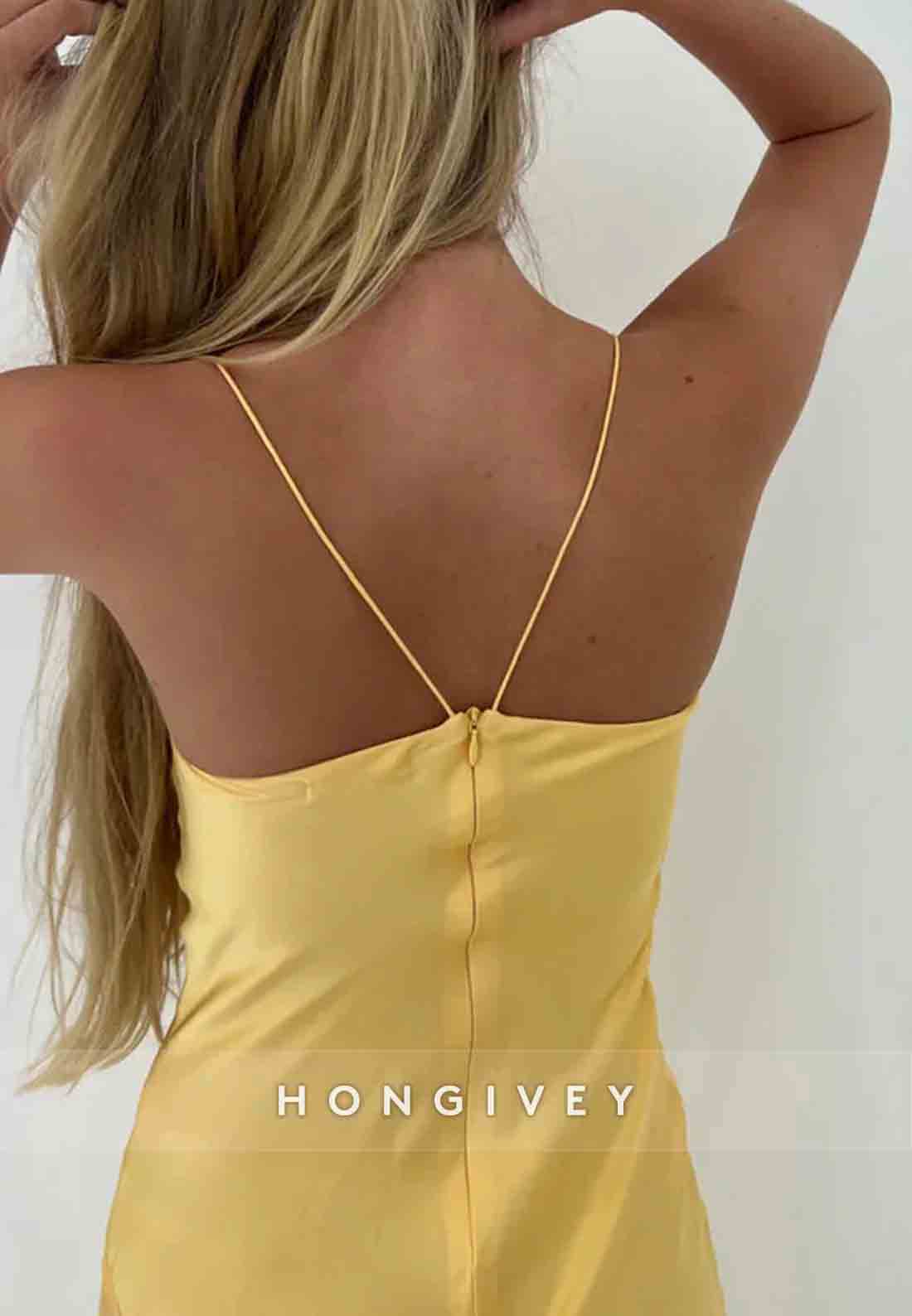 Spaghetti Straps Simple Sheath Pink Long Party Dress with High Slit