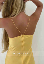 Spaghetti Straps Simple Sheath Pink Long Party Dress with High Slit