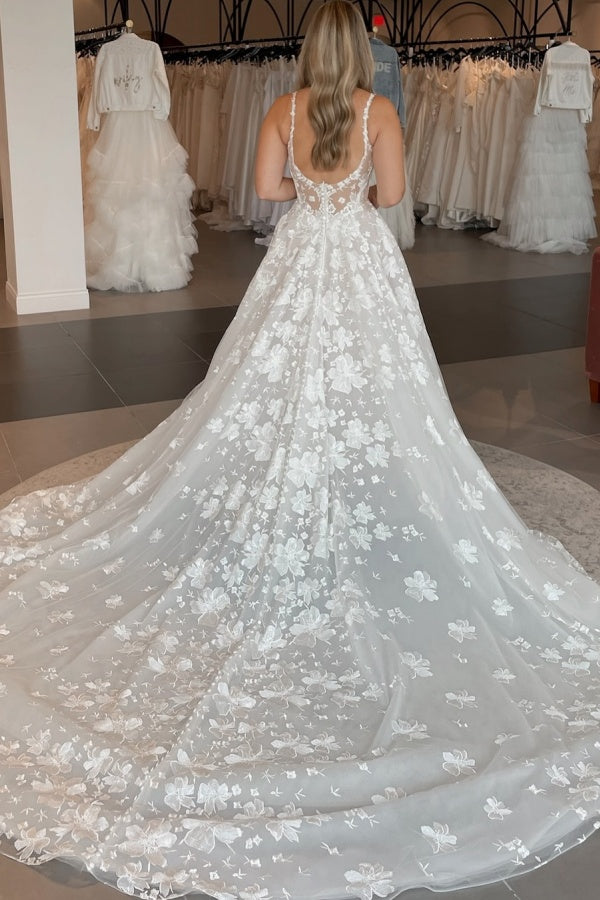 A-Line Boat Neck Straps Fully Flower Lace Appliques Buttons Wedding Dress