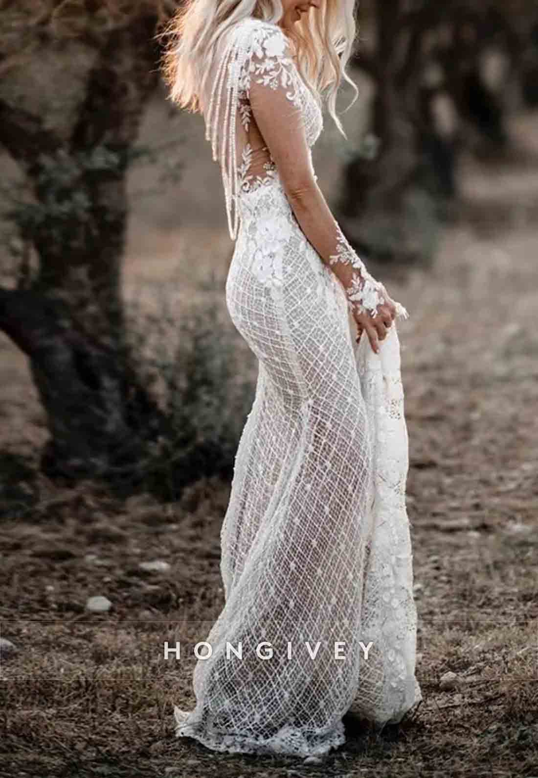 Long Sleeves V-Neck Mermaid Sweep Train Backless Lace Wedding Dresses