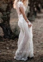 Long Sleeves V-Neck Mermaid Sweep Train Backless Lace Wedding Dresses