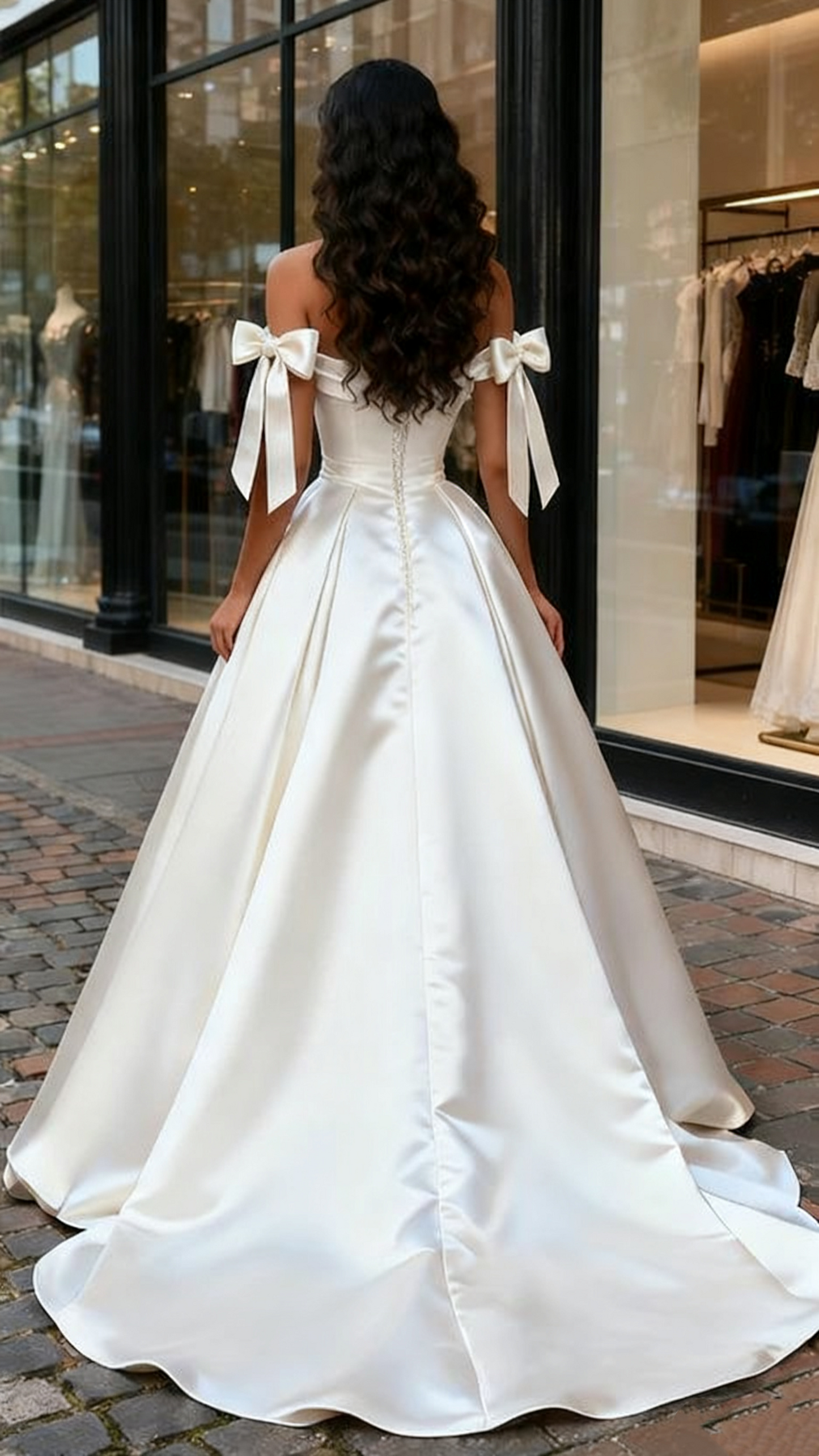 A Line Off The Shoulder Ruched Tie Shoulder Satin Wedding Dress