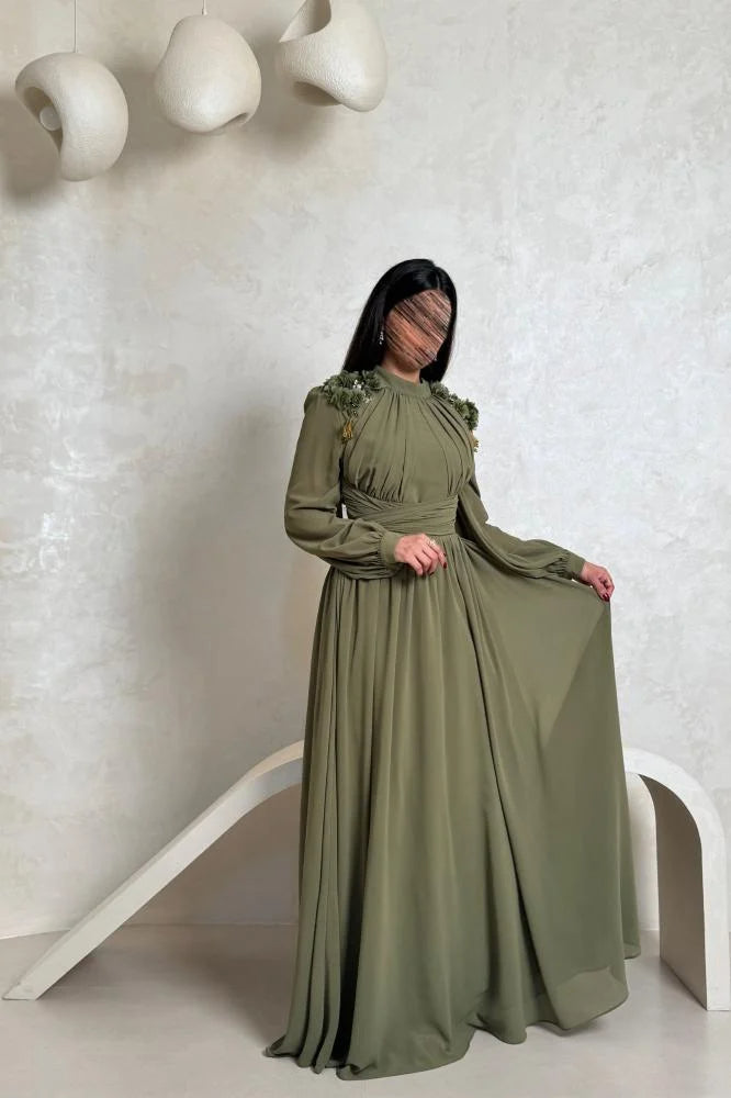 Elegant Green High Neck Long Sleeve A-Line Bow Flowers Beaded Evening Dress