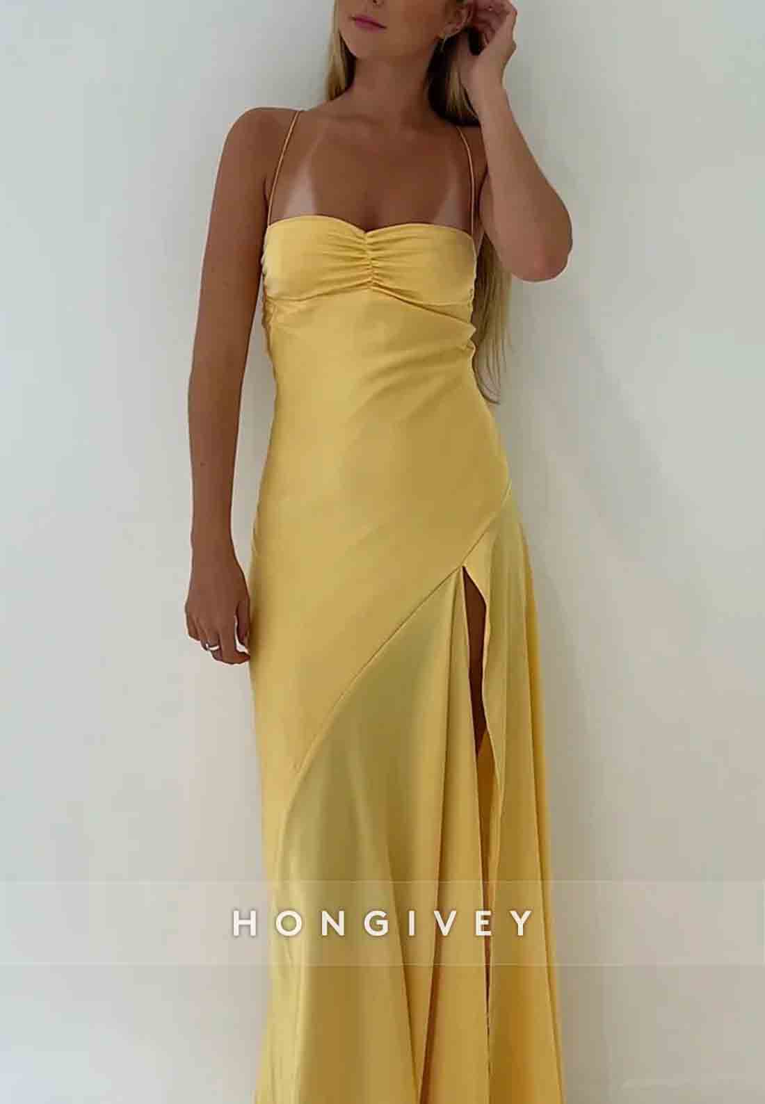 Spaghetti Straps Simple Sheath Pink Long Party Dress with High Slit