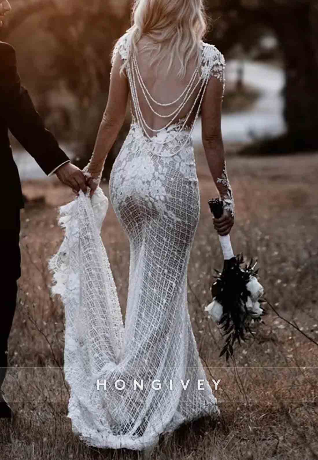 Long Sleeves V-Neck Mermaid Sweep Train Backless Lace Wedding Dresses