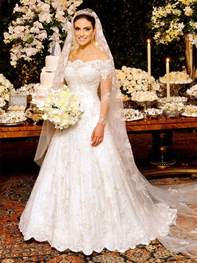 Off the Shoulder Lace A-Line Long Sleeves Appliques Wedding Dress