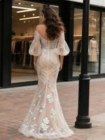 Off The Shoulder Long Sleeves Appliques Champange Wedding Dress