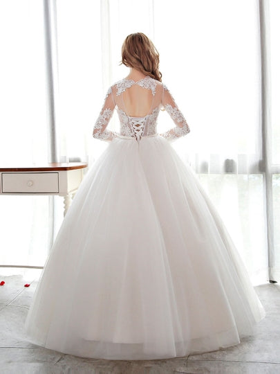 Open Back Lace Ball Gown Long Sleeve Wedding Dress