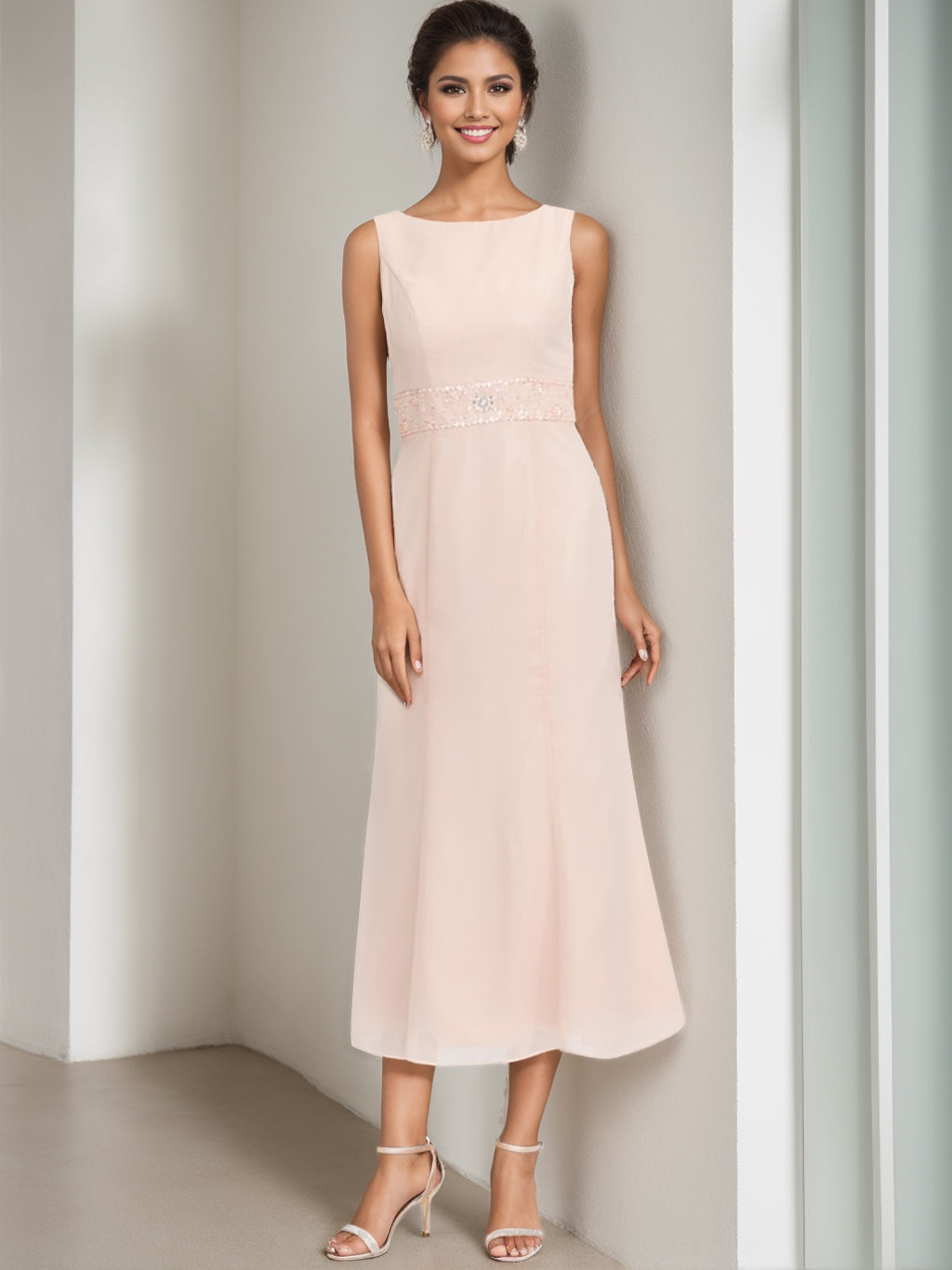 Jewel Neck Tea Length Mother of the Bride Dresses with Jacket & Beading