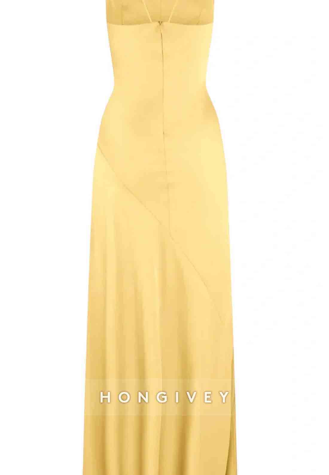 Spaghetti Straps Simple Sheath Pink Long Party Dress with High Slit