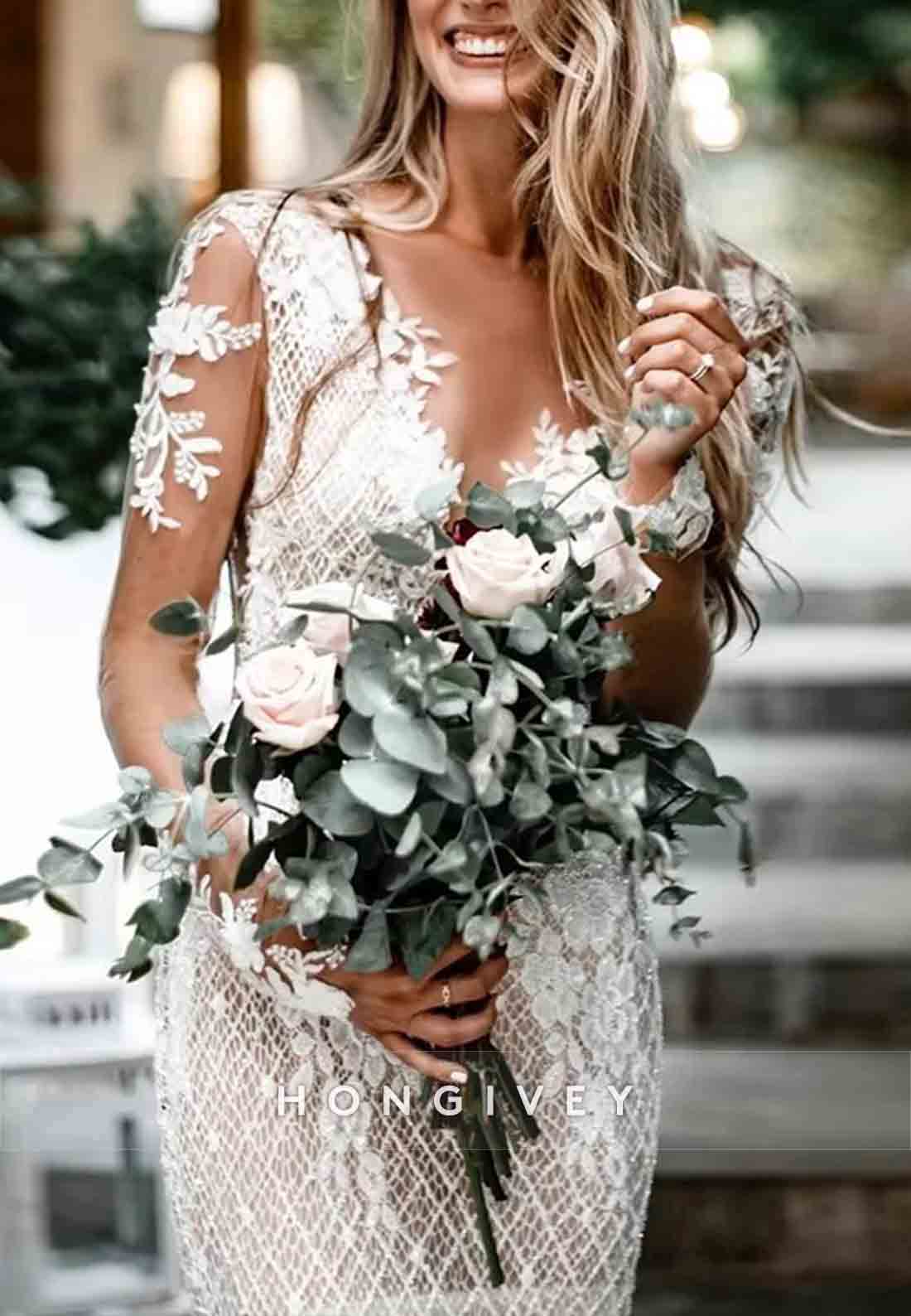 Long Sleeves V-Neck Mermaid Sweep Train Backless Lace Wedding Dresses