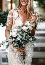 Long Sleeves V-Neck Mermaid Sweep Train Backless Lace Wedding Dresses