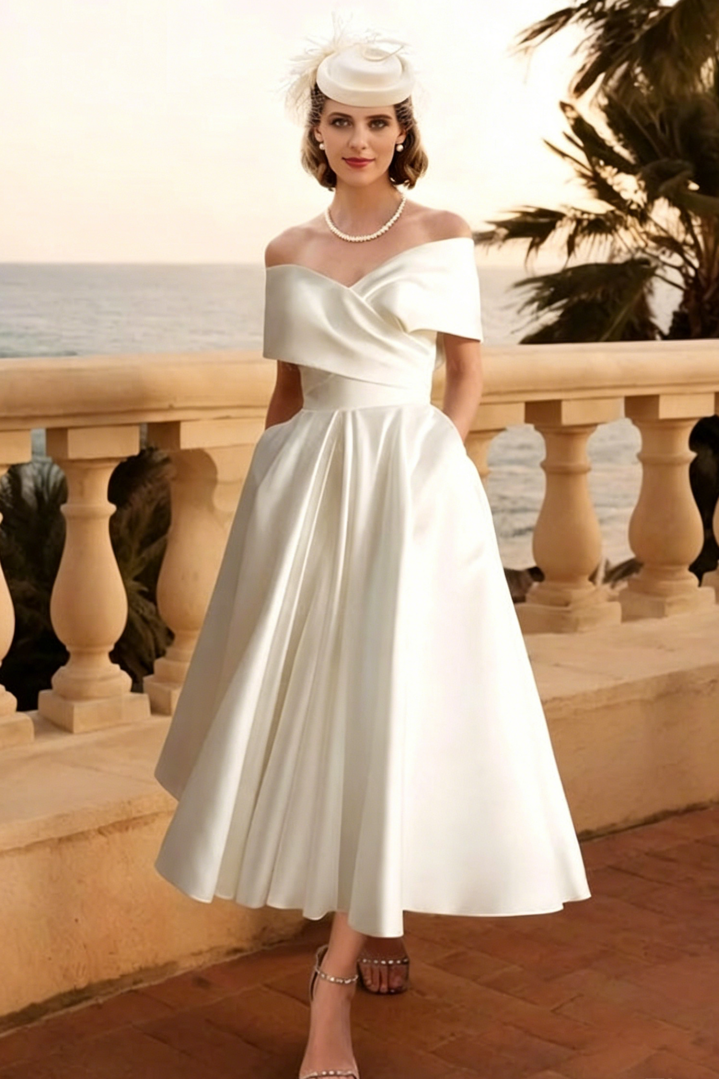 Minimalistic Ruched Off-The-Shoulder White Wedding Dress With Pockets