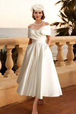 Minimalistic Ruched Off-The-Shoulder White Wedding Dress With Pockets
