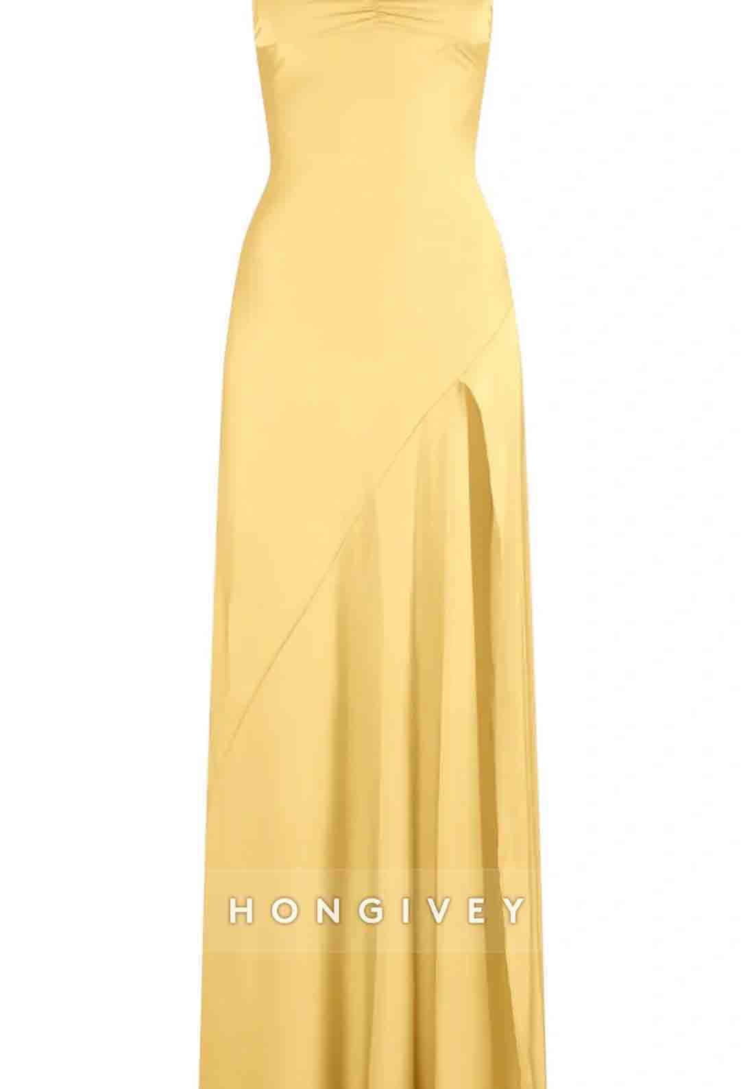 Spaghetti Straps Simple Sheath Pink Long Party Dress with High Slit