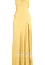 Spaghetti Straps Simple Sheath Pink Long Party Dress with High Slit