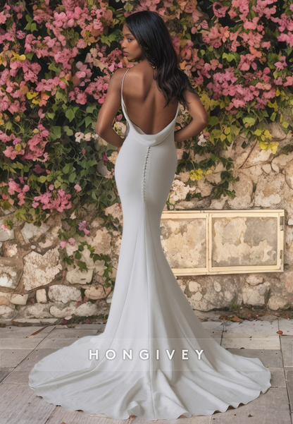 Sexy Fitted Satin V-Neck Spaghetti Straps Open Back With Train Wedding Dress