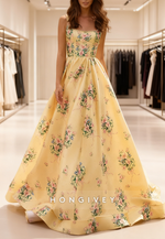 Yellow Floral Print Square A-Line Prom Dress
