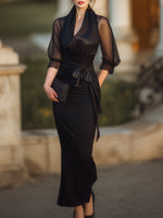 Sheer-Drape Waist-Tie Evening Dress