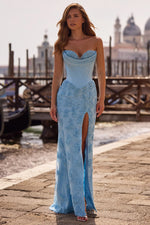 Sweetheart Blue Sleeveless Mermaid Applique Side Slit Prom Dress Floor-Length