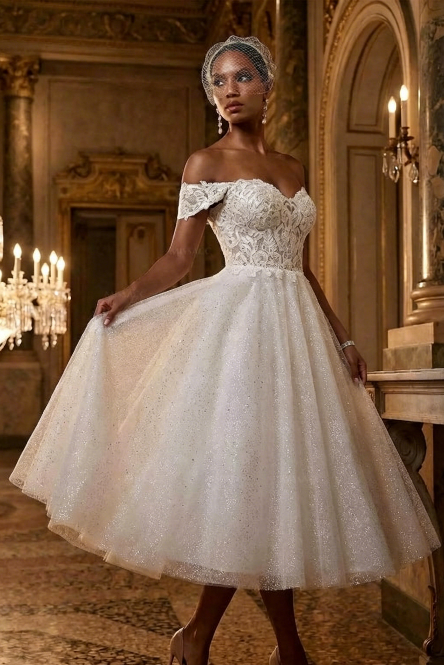 A-Line Off-The-Shoulder Sleeveless Lace Sequined Tea-Length Wedding Dress