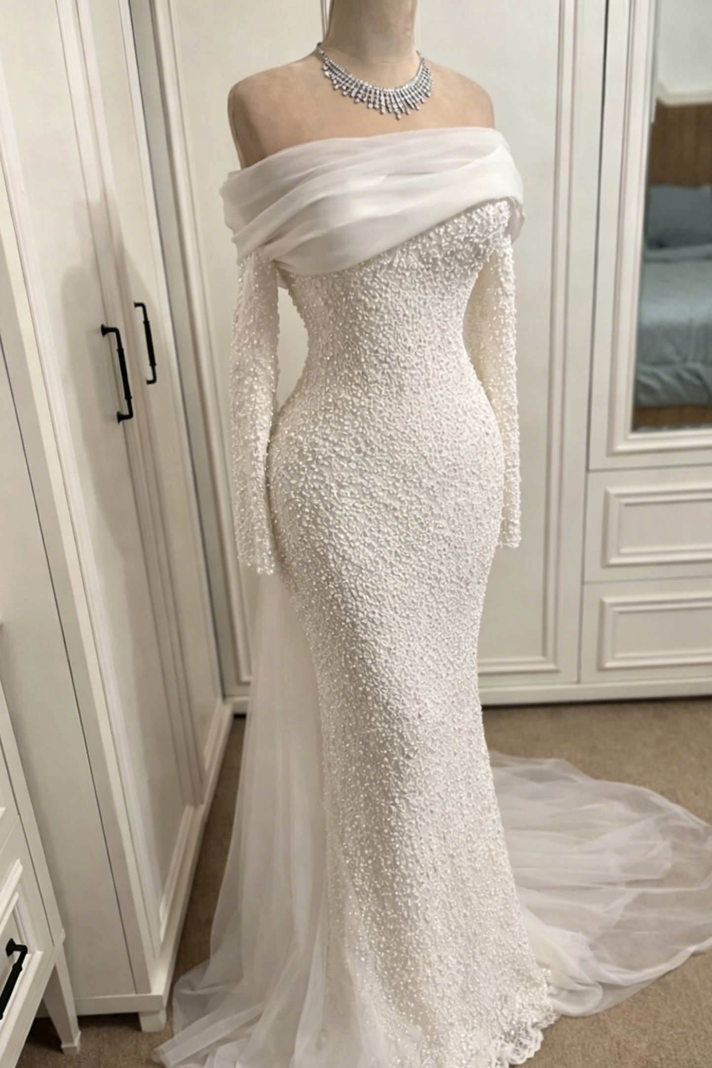 Off the Shoulder Long Sleeve Beaded Mermaid Wedding Dress