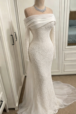 Off the Shoulder Long Sleeve Beaded Mermaid Wedding Dress
