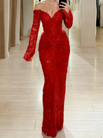 Hot Sheath Off-the-Shoulder Long Sleeves Appliques Lace Floor-Length Lace Corset Prom Dress