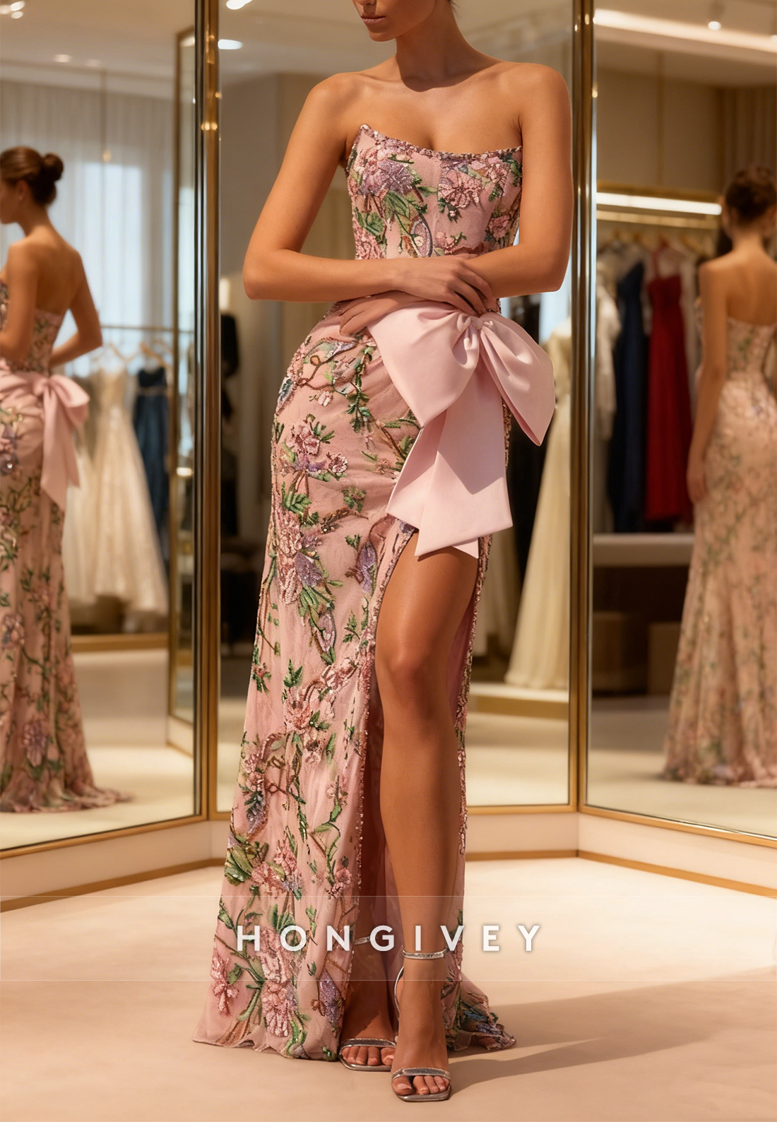 Mermaid Sweetheart Floor-Length Sleeveless Strapless Prom Dresses with Bowknot