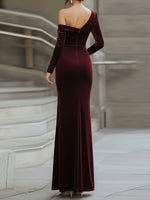 Burgundy Velvet One-Shoulder Evening Gown
