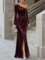 Burgundy Velvet One-Shoulder Evening Gown