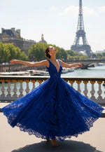 V-Neck Blue Sleeveless A-Line Lace A-Line Backless Ankle-Length Peom Dress