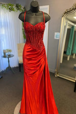 Stunning Mermaid Spaghetti Straps Long Glitter Prom Dress with High Slit