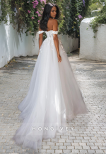 Sexy Tulle A-Line Off-Shoulder Empire Appliques With Side Slit Wedding Dress