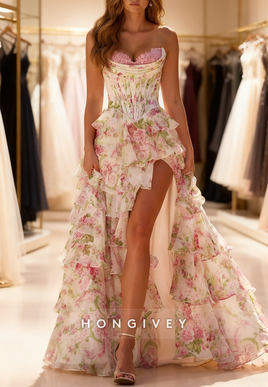 Tassel A-Line Slit Pink Floral Print Prom Dress