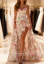 Tassel A-Line Slit Pink Floral Print Prom Dress