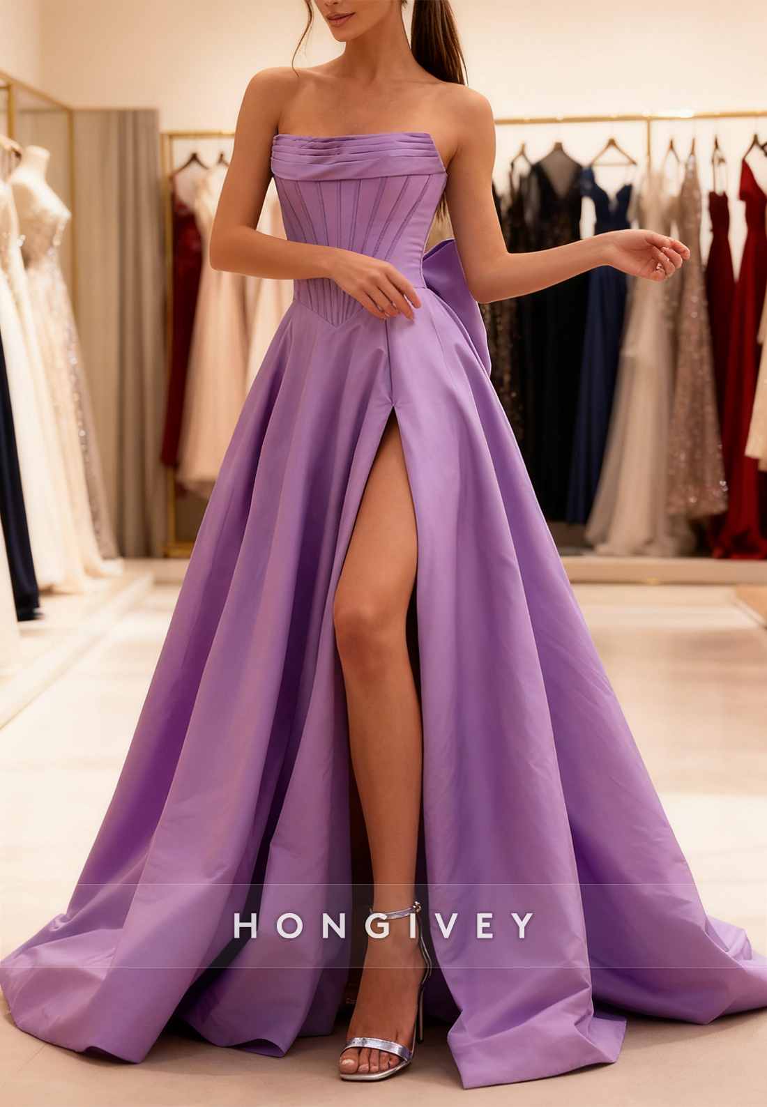 Straples A-Line Sleeveless Slit Prom Dress