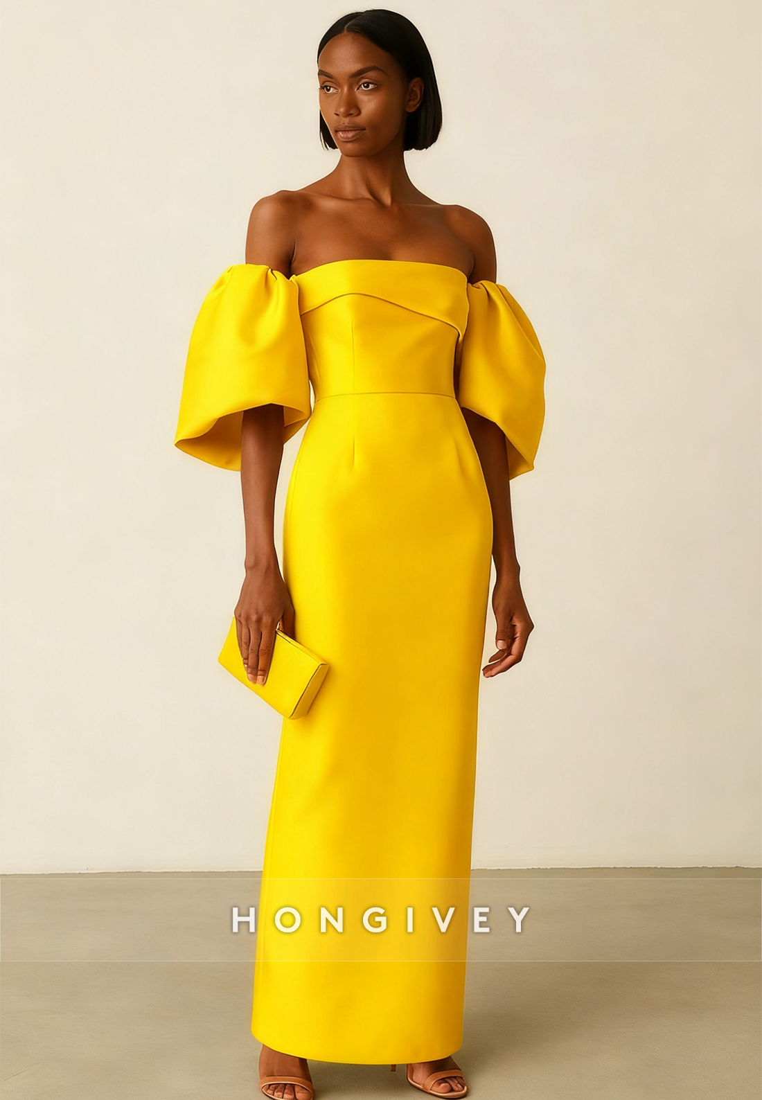 Off the Shoulder Satin Half Sleeves Column Ankle-Length Evening Gown