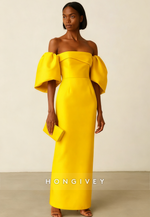 Off the Shoulder Satin Half Sleeves Column Ankle-Length Evening Gown