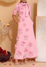 Pink A-Line High Neck Bowknot Half Sleeves Mother of the Bride Dress with 3D Flowers
