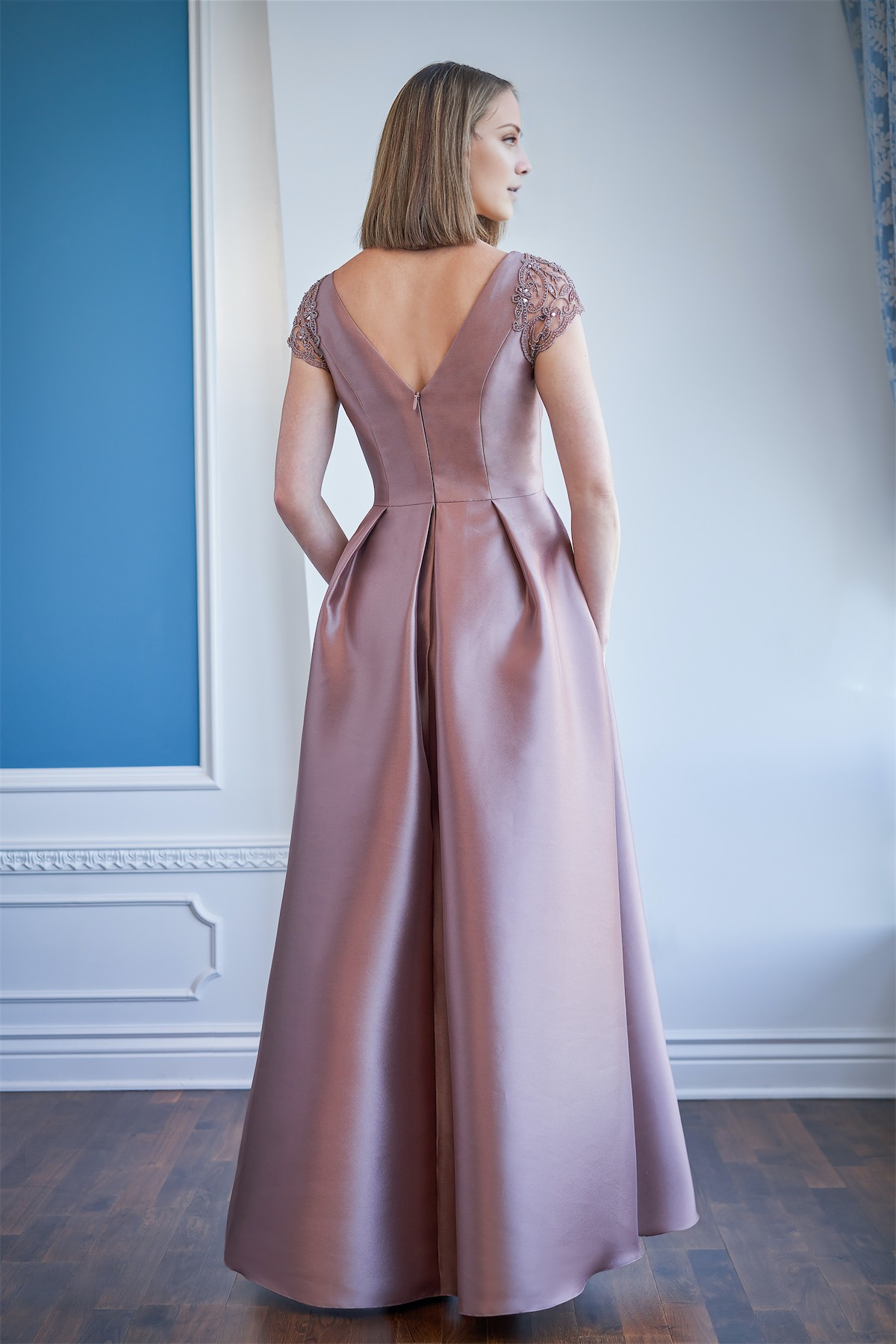 A-line front and back V-neckline sheer sleeves mother of bride dresses