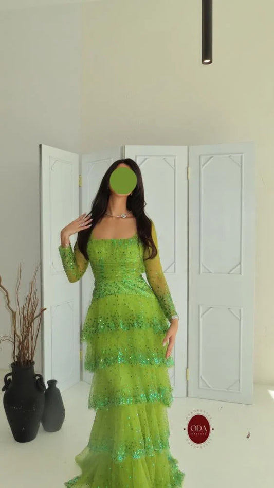 Sequins Sparkle Green Square Neck Long Sleeve A-Line Tassel Evening Dress