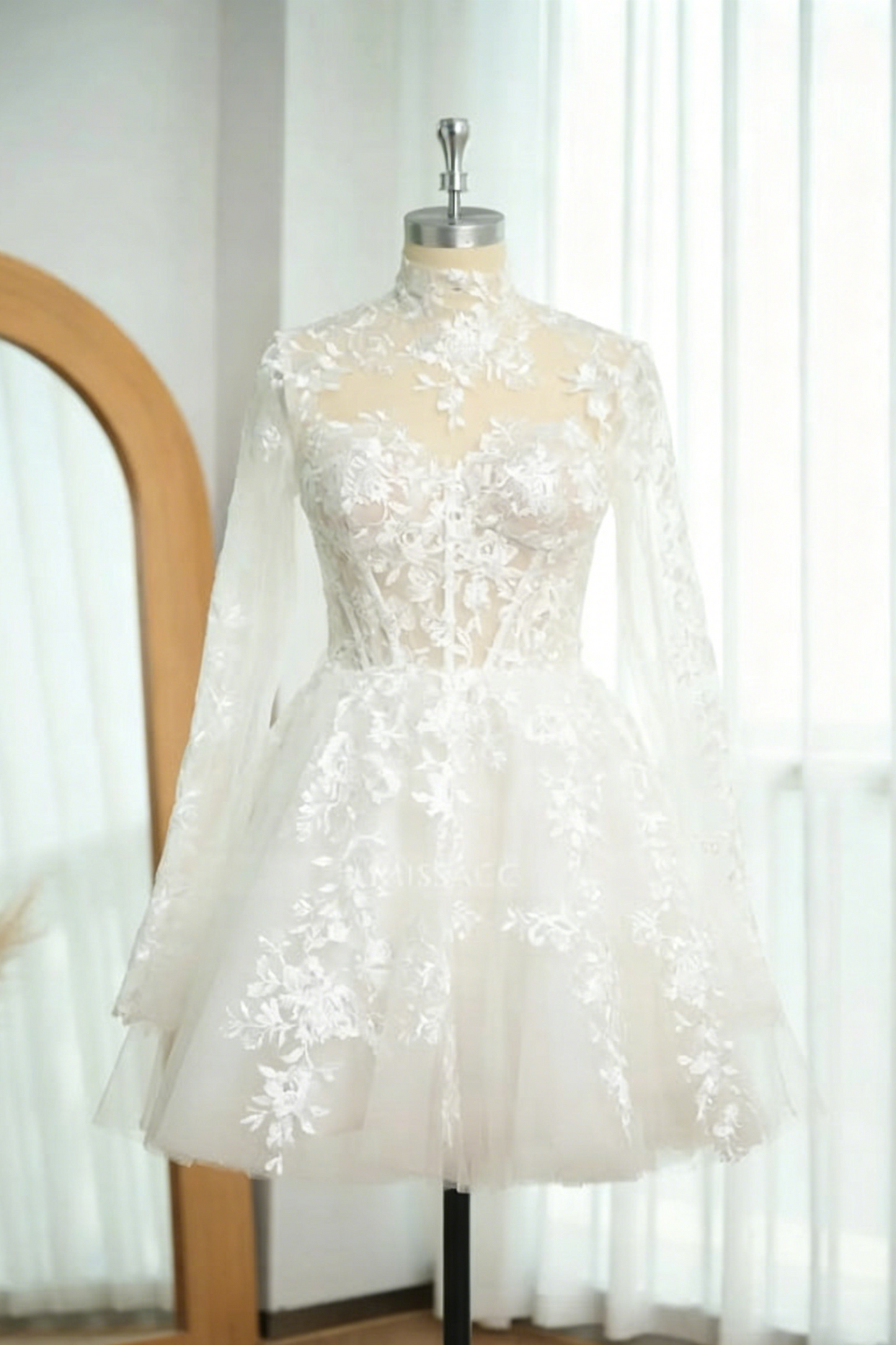 Dreamy Little White A-Line High Illusion Neck Long Sleeves Lace Wedding Dresses